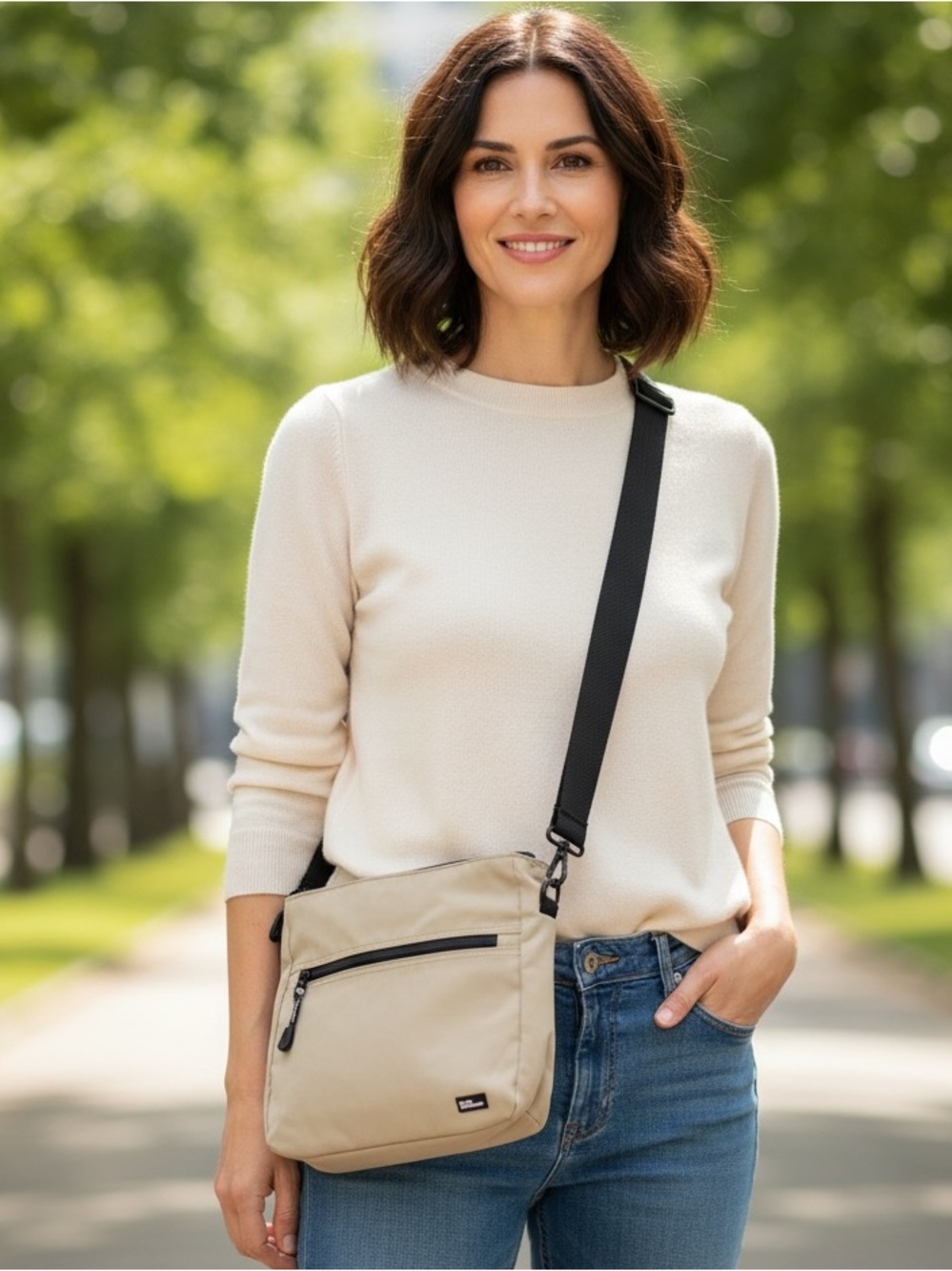 Derek Alexander Tan Messenger Crossbody Bag with Adjustable Black Strap